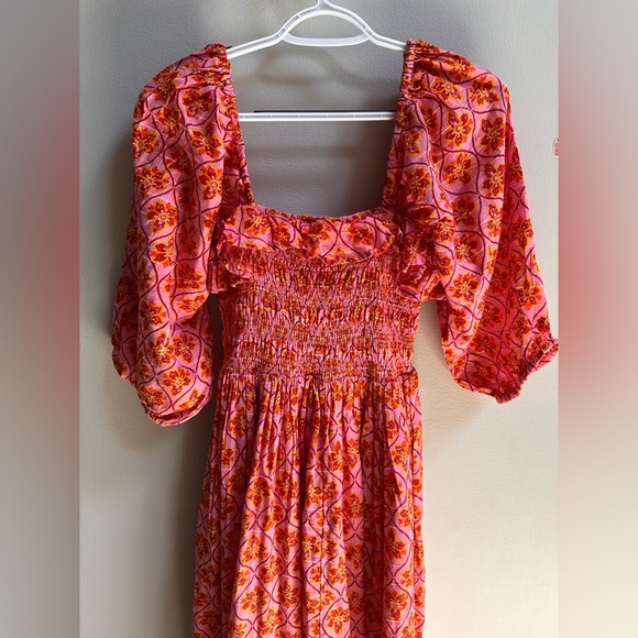 NEW Free People Oasis Printed Smocked Ethereal Midi Dress Pink/Rose Women’s XS - Picture 14 of 16